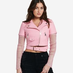 PRETTY IN PINK CROPPED ACEROLA RHINESTONE  LEATHER JACKET